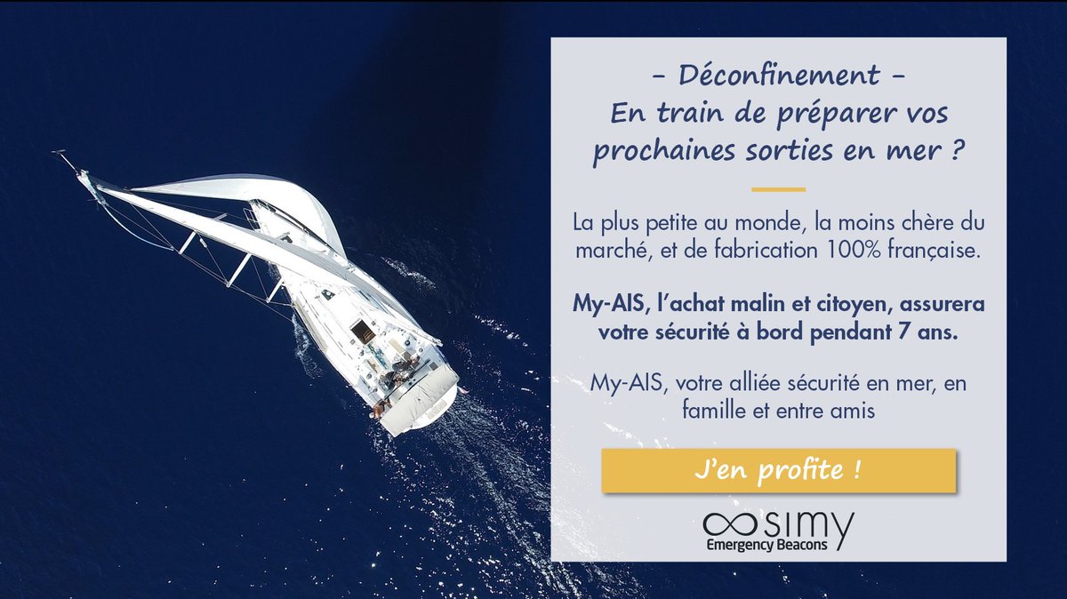 Anticipez le #deconfinement et équipez vous ainsi que vos proches avec la plus petite balise #balisededétresse en #mer au monde.⛵️

Profitez de 10% de remise pour 2 balises ou plus avec le code 11MAI2020 #sécuritéenmer💸 

Offre valable le 11 mai sur simy.fr ⏱