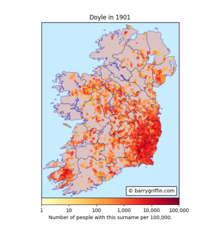 This is great website. It generates distribution maps for Irish surnames based on 1901and 1911 census results barrygriffin.com/surname-maps/?…