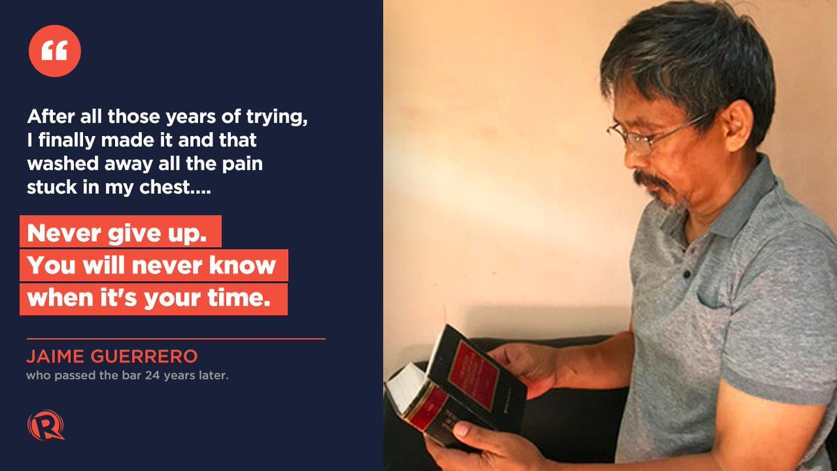 rapplerdotcom's tweet photo. Jaime Guerrero had failed many times since his first take, when he was 34, shortly after he graduated from law school. Guerrero said what kept him motivated was each time, he would almost make it. #2019Bar #2019BarResults 

READ: https://t.co/zqkH5n2tdB https://t.co/nOq4aXwBul