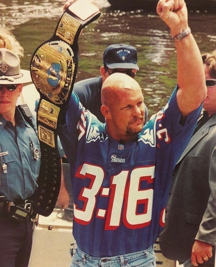 Steve Austin in a 3:16 patriots jersey 