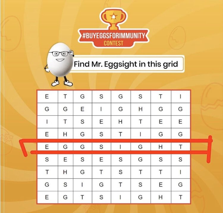 raveena_vishal's tweet image. Found Mr. Eggsight in this grid

#BuyEggsForImmunity
#FindMrEggsight
#EggsForImmunity
@eggsforimmunity

Join
@Soniyaskjain1 
@paree62401 
@CHARMYSKJ 
@SJ_0016 
@Shree52767395 
@hinasitani