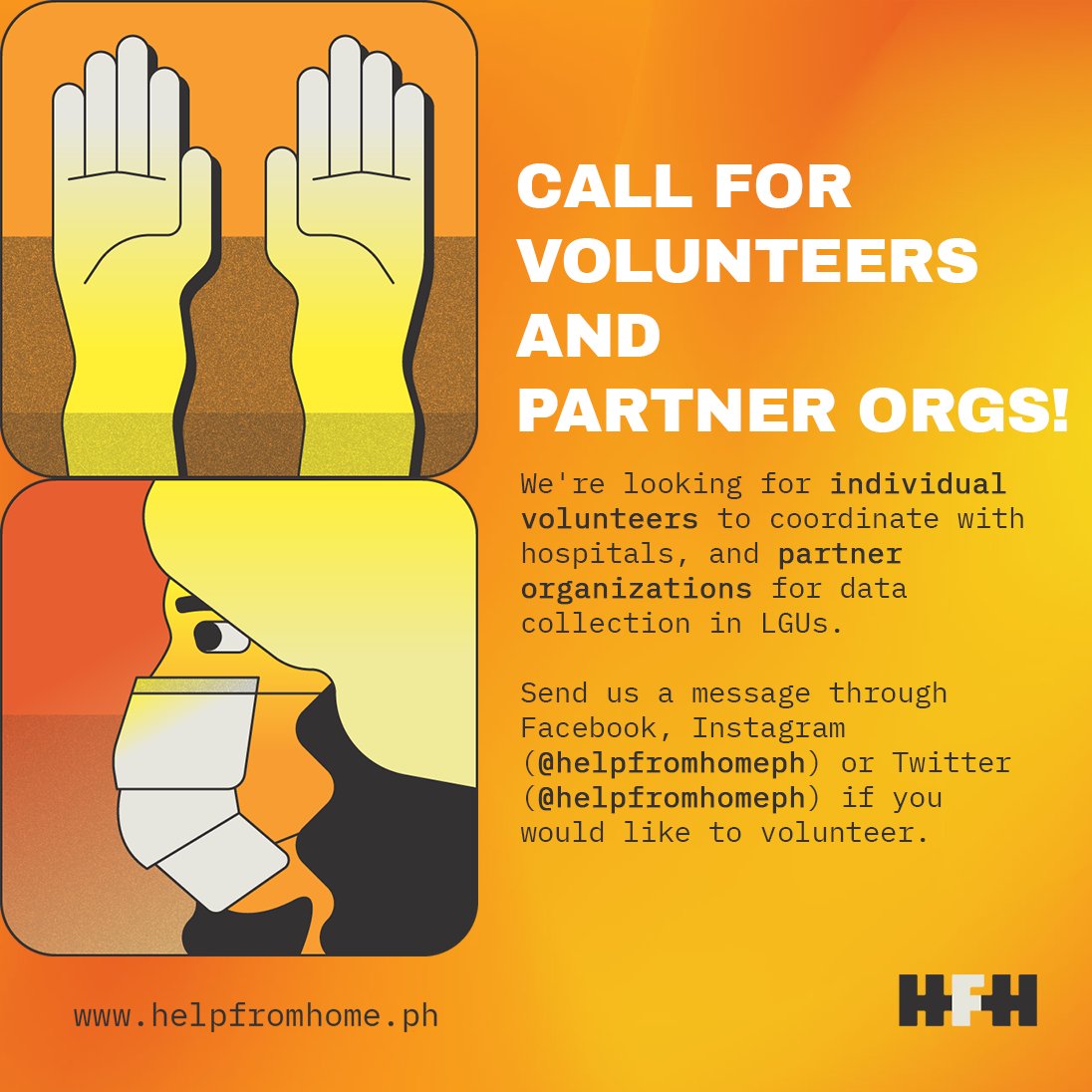 HelpfromhomePH's tweet photo. #HelpFromHomePH is looking for individual volunteers and partner organizations!

Send us a ✉️ if you or your org would like to work with #HFHPH!

Find more ways to support our frontliners through our website! 
👉 https://t.co/lTpduHTZyA 

#HelpFromHomePH #HFHPH #phcvdonate https://t.co/L3dkCGGHrb