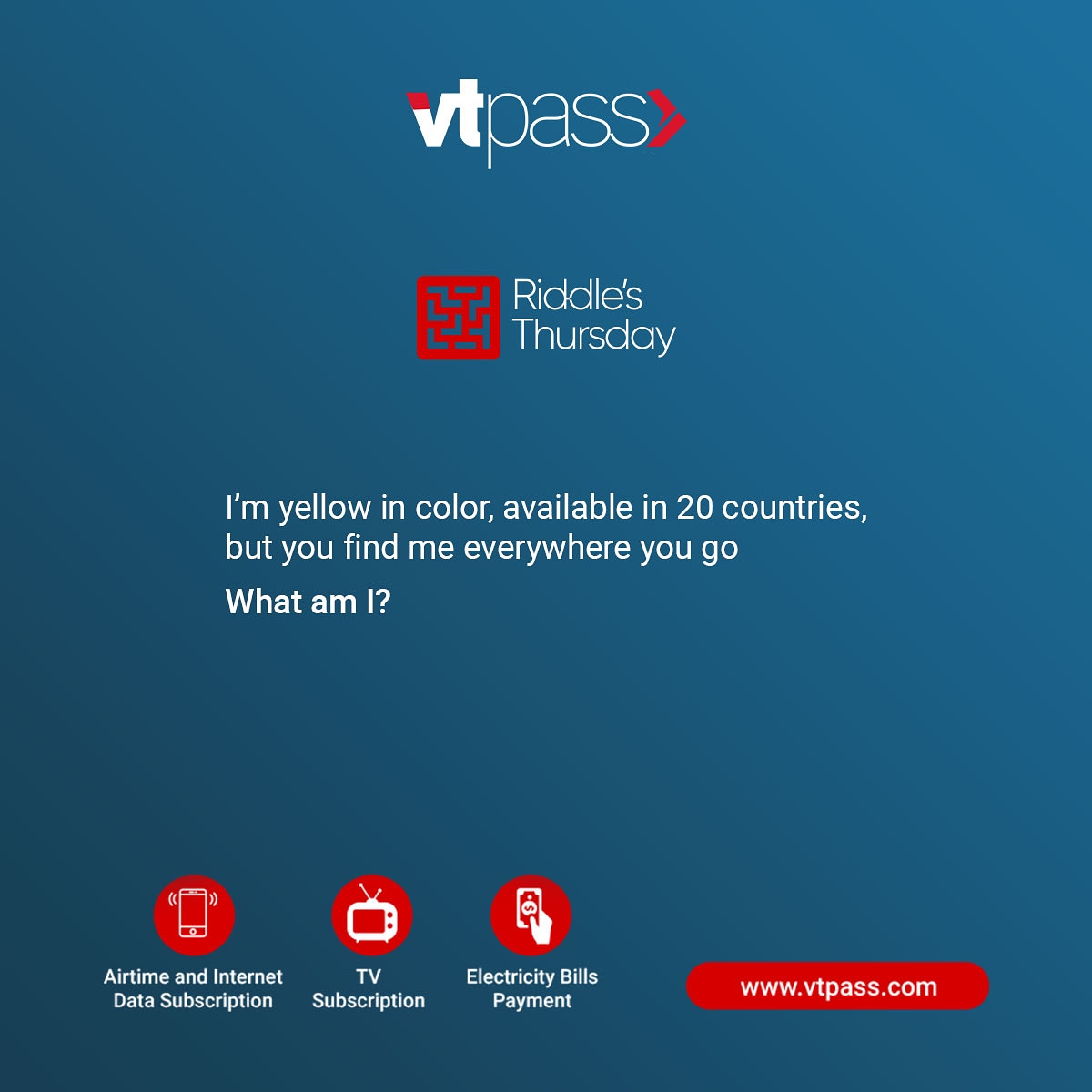 vtpass's tweet photo. Riddle Thursday π€: Everywhere you go.
#vtpass #billpayments #tvsubscriptions #dstvsubscription #onlinepayment #gotvsubscription #electricitypayment #buyairtime #hostparker #mobilepayment #datasubscription #banktransfers #likeforlikes #likes4likes #followforfollow #broadshift https://t.co/xchDUwTYDe