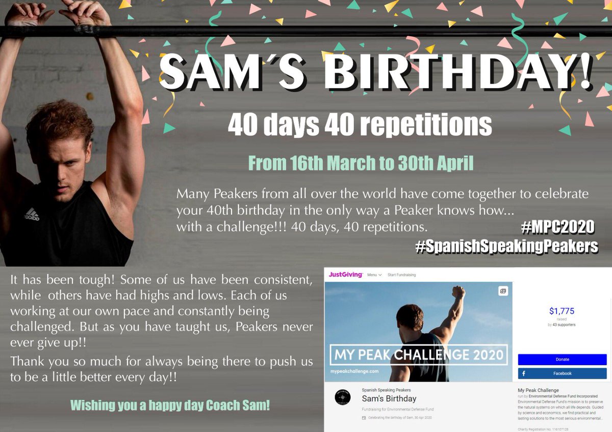 Happy birthday #BestCoachEver <a href="/SamHeughan/">Sam Heughan</a> from all the #Peakers around the world 🗺 #40days40repetitionsForSam #MPC2020 #Sam40thBirthday Thanks #Peakers for make this challenge possible!!! Gracias #Peakers por unirse al reto 😉