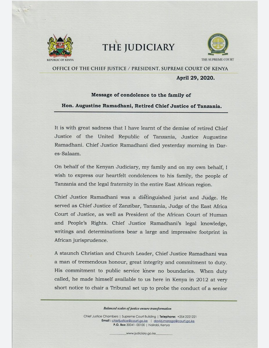 dkmaraga's tweet photo. Message of condolence to the family of Hon. Augustine Ramadhani, Retired Chief Justice of Tanzania. https://t.co/deocTEpGOi