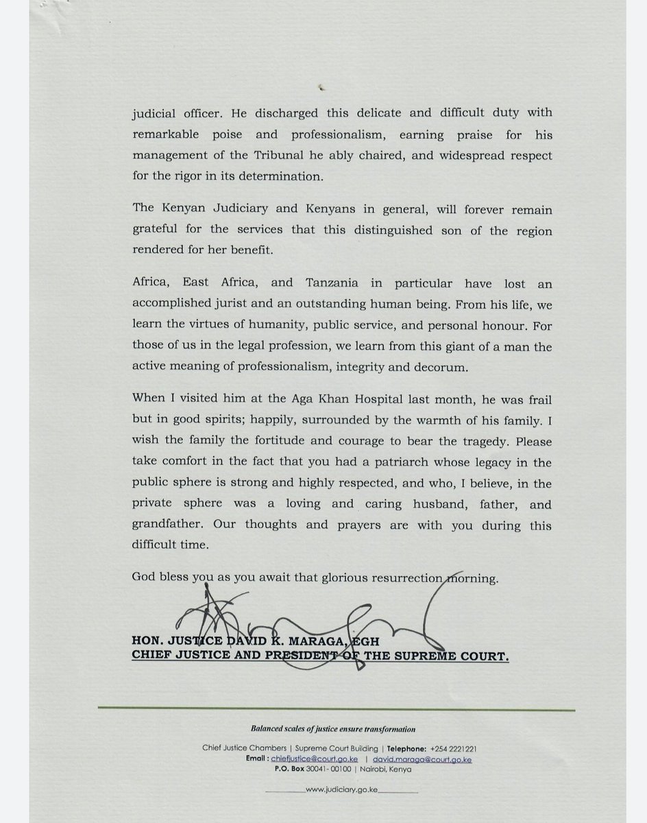Message of condolence to the family of Hon. Augustine Ramadhani, Retired Chief Justice of Tanzania.