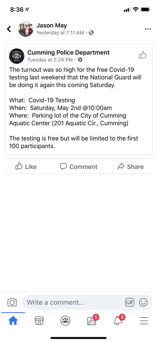 Chanty2u's tweet image. @SamBrockNBC City of Cumming GA has been administering FREE #C19 testing for several weeks. #AccuracyInReporting