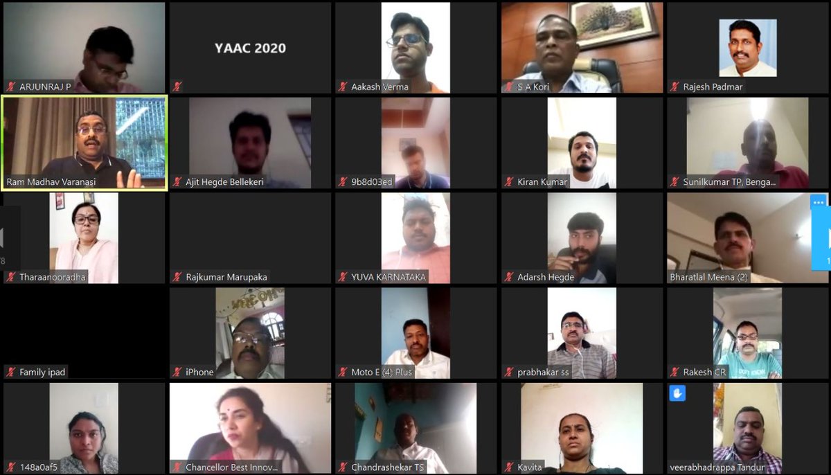 YAAC2020's tweet photo. Shri Ram Madhav @rammadhavbjp Ji addressed &amp; interacted with Academicians and Young Professionals from Karnataka on 'Prime Minister Modi's Leadership and Fight against Corona Pandemic'. Session was organised by Youth Alliance Against Corona. #YouthFightsCorona #IndiaFightsCorona https://t.co/ZHCvIZFgCW