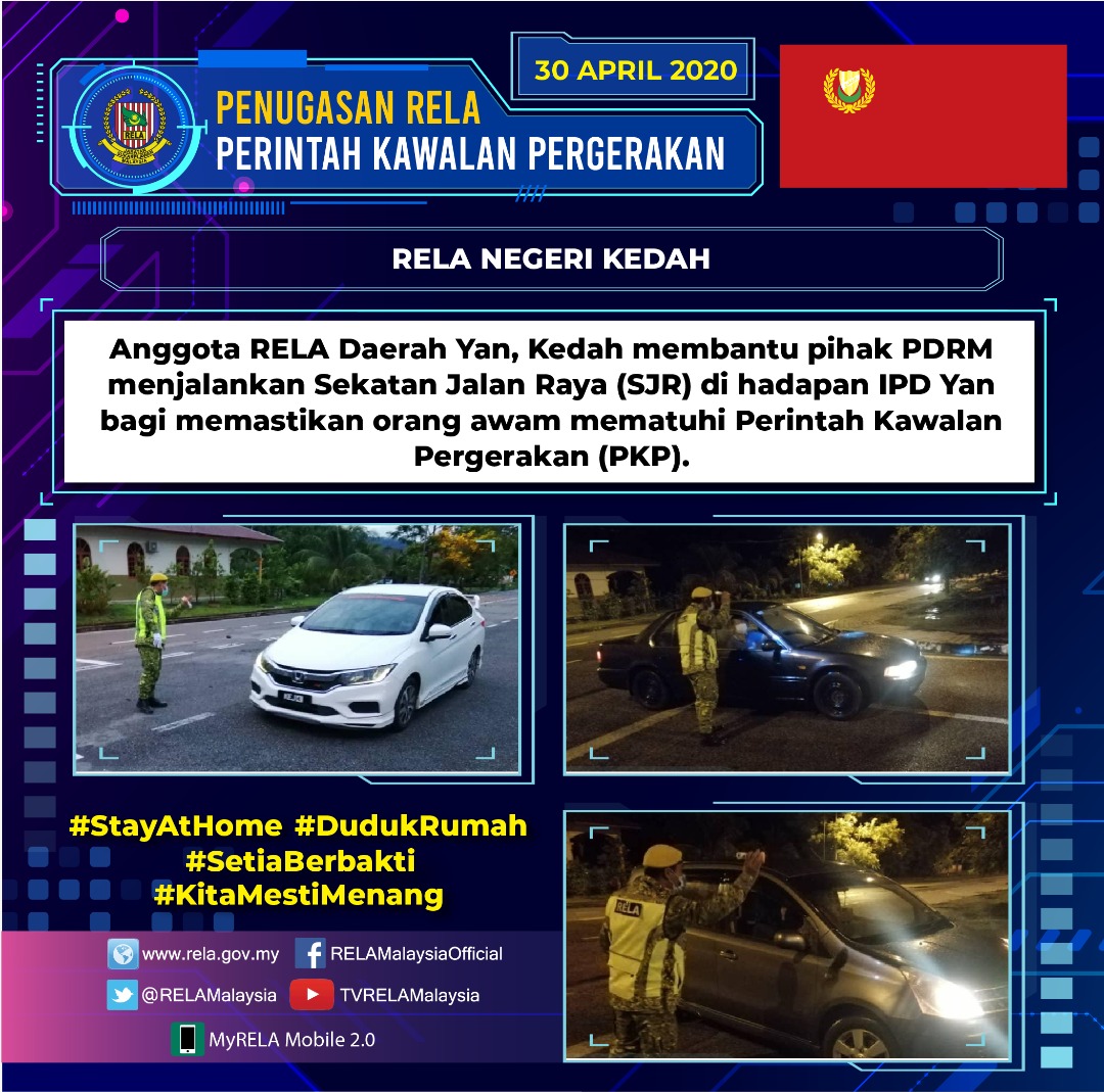#COVID19
Antara penugasan pegawai dan anggota RELA di seluruh negara hari ini | 30 April 2020 
#SetiaBerbakti
#StrongerTogether
#StayAtHome  
#KitaMestiMenang
<a href="/jpmgov_/">Jabatan Perdana Menteri</a>
<a href="/MKNJPM/">MAJLIS KESELAMATAN NEGARA</a>
<a href="/KDNPUTRAJAYA/">KDN🇲🇾</a>