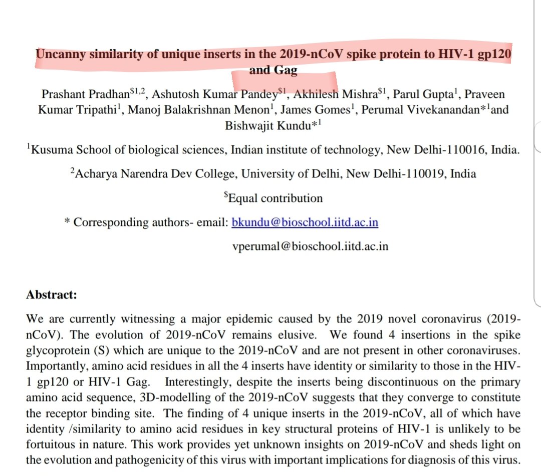  Maybe  #Pradham et al were correct and there is "an uncanny similarity of unique inserts in the  #2019nCoV  #spike  #protein to  #HIV-1 gp120 and gag"? 
