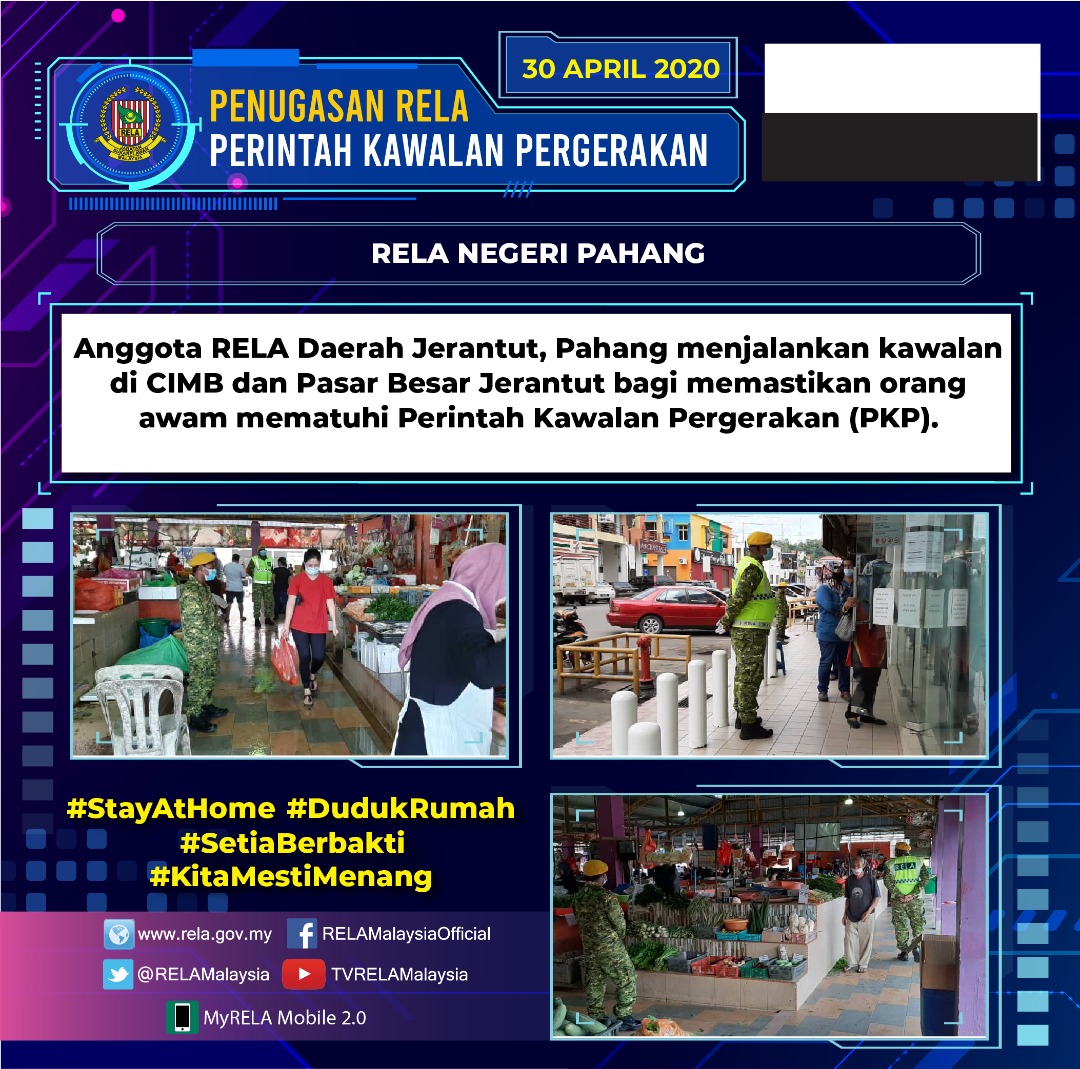 #COVID19
Antara penugasan pegawai dan anggota RELA di seluruh negara hari ini | 30 April 2020 
#SetiaBerbakti
#StrongerTogether
#StayAtHome  
#KitaMestiMenang
<a href="/jpmgov_/">Jabatan Perdana Menteri</a>
<a href="/MKNJPM/">MAJLIS KESELAMATAN NEGARA</a>
<a href="/KDNPUTRAJAYA/">KDN🇲🇾</a>