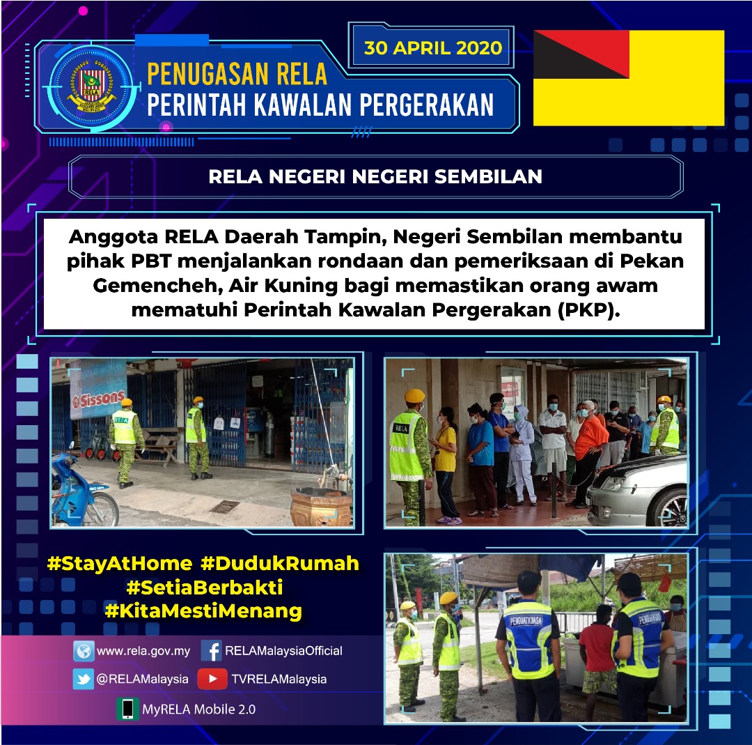#COVID19
Antara penugasan pegawai dan anggota RELA di seluruh negara hari ini | 30 April 2020 
#SetiaBerbakti
#StrongerTogether
#StayAtHome  
#KitaMestiMenang
<a href="/jpmgov_/">Jabatan Perdana Menteri</a>
<a href="/MKNJPM/">MAJLIS KESELAMATAN NEGARA</a>
<a href="/KDNPUTRAJAYA/">KDN🇲🇾</a>