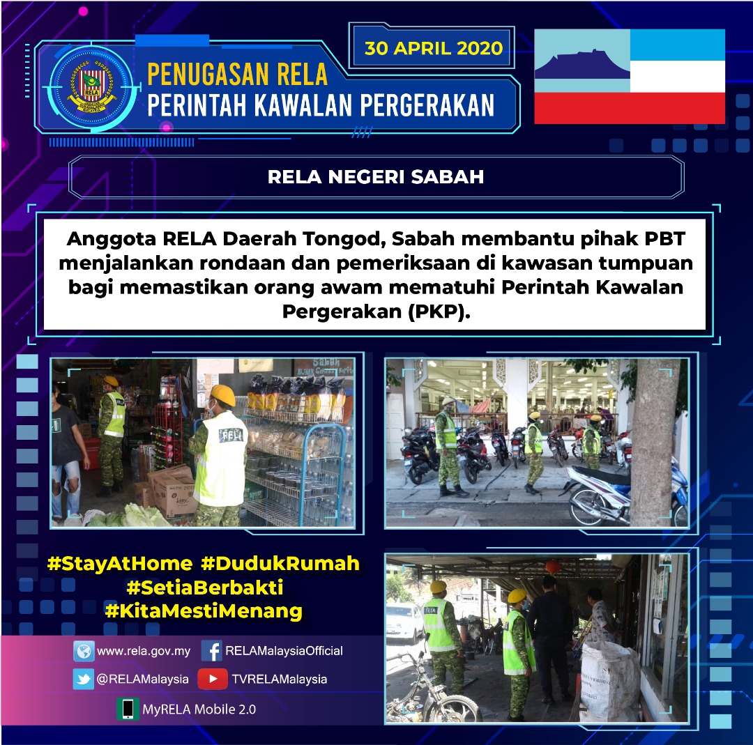 #COVID19
Antara penugasan pegawai dan anggota RELA di seluruh negara hari ini | 30 April 2020 
#SetiaBerbakti
#StrongerTogether
#StayAtHome  
#KitaMestiMenang
<a href="/jpmgov_/">Jabatan Perdana Menteri</a>
<a href="/MKNJPM/">MAJLIS KESELAMATAN NEGARA</a>
<a href="/KDNPUTRAJAYA/">KDN🇲🇾</a>