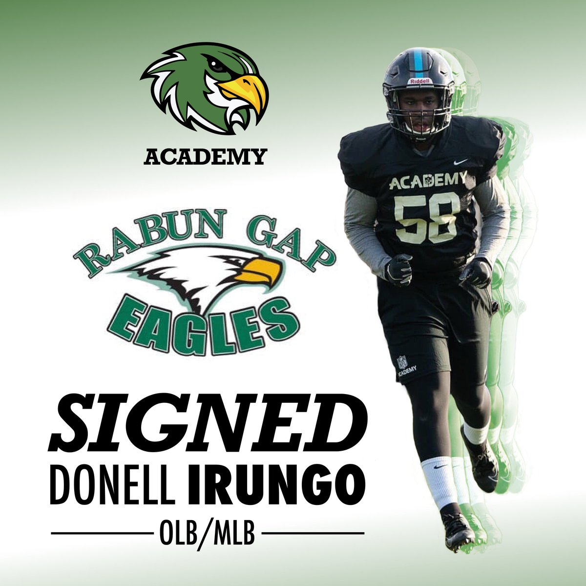 FalconsGridiron's tweet photo. We're extremely proud to announce that Donell Irungo, one of the original members of the Leicester Falcons Academy, has signed for Rabun Gap-Nacoochee Prep School in Georgia, USA. Congratulations and best of luck for the future!
#greenmachine #leicesterfalcons #protectthenest https://t.co/Tj4NQH86CT