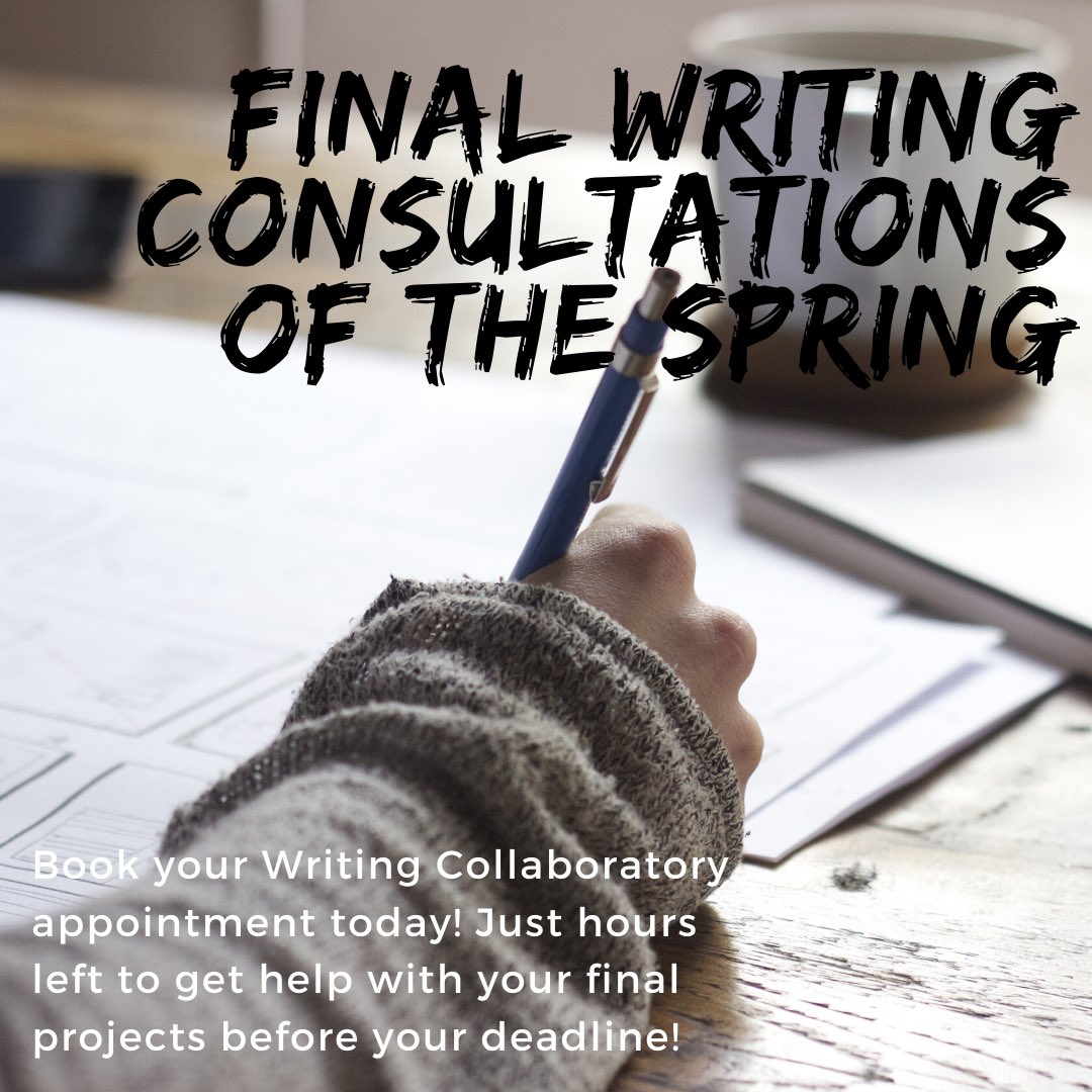 CUWritingCollab's tweet photo. Just a few more hours to book an appointment with a Writing Collab peer tutor! Let us help you finish the semester strong!  #finalsinthetimeofcorona #finalsweek2020 #onlinetutoring #centlife #cuwritingcollab #centenaryuniversity #writingcenters #writingcenter #cucyclones https://t.co/8wPVZvbeu9