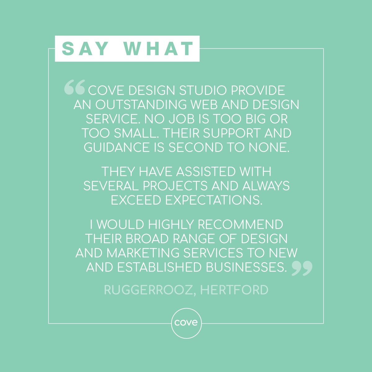 Love working with local businesses. It’s great receiving feedback from clients. This is what <a href="/RuggerRooz/">RuggerRooz</a> thinks of Cove.

To find out how we can help with your next design project email info@covedesignstudio.co.uk

#design #web #print #keepitlocal #hertford #localbusiness #herts