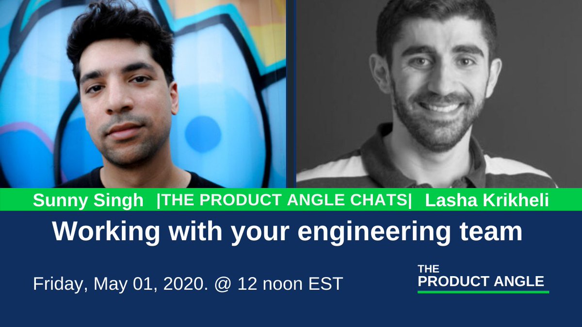 pradipcloud's tweet photo. Want to learn more about how to work with your engineering team?

I chat with @sunnysinghio &amp; @LashaKrikheli about
- working with the product team
- communication &amp; collaboration
- Remote work

Will you join us? 5/1/20 - 12 noon EST
https://t.co/UcXtwifHzD https://t.co/DcuEKgzOec