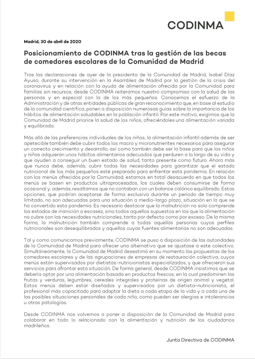 Codinma_DN's tweet photo. Posicionamiento de CODINMA tras la gestión de las becas de comedores escolares de la @ComunidadMadrid. https://t.co/ndhGGEmDSE