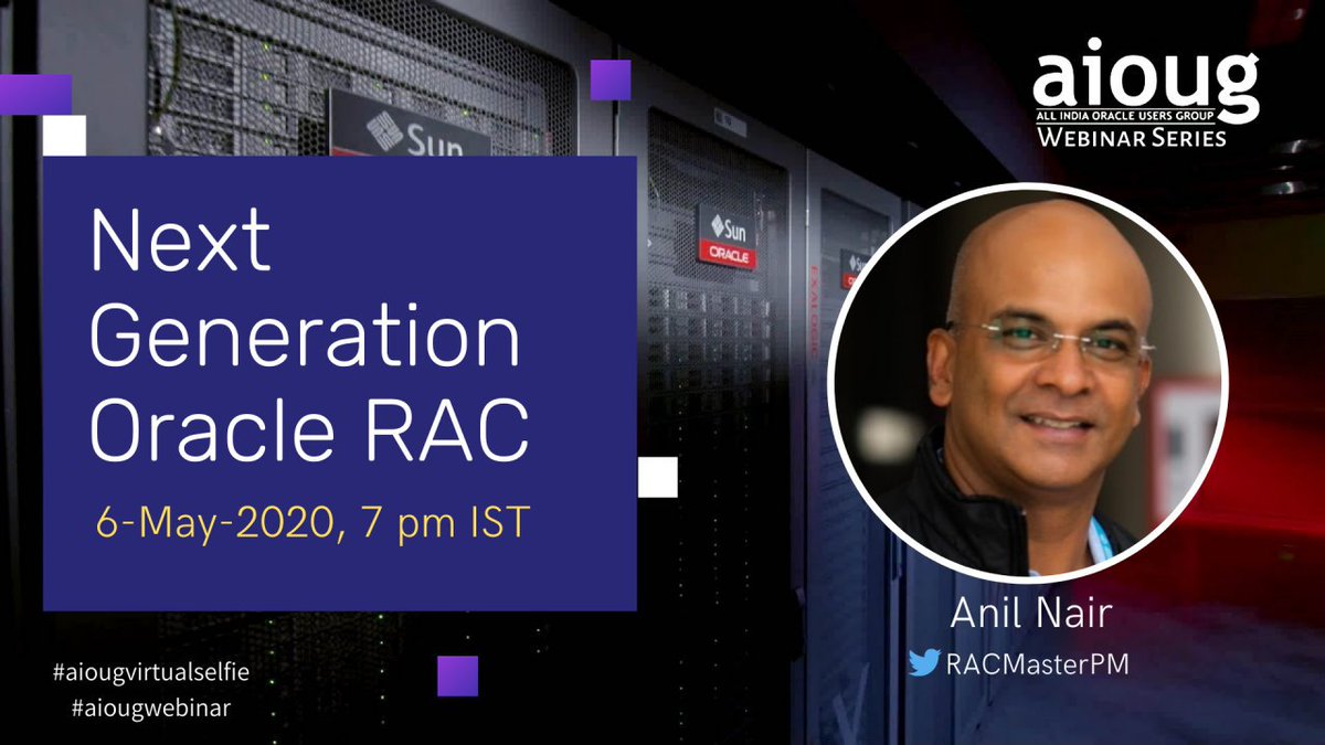 AIOUG Bengaluru (@aioug_bengaluru) on Twitter photo AIOUG Webinar - "Next Generation Oracle RAC " by Anil Nair 6-May-2020 7 pm IST
Register - bit.ly/2WbGELr
Register now to save your seat for the webinar.
<a href="/MaheshSrikakula/">Mahesh S</a> <a href="/veeratteshwaran/">Veeratteshwaran</a> <a href="/pravintakpire/">Learner</a> <a href="/AIOUG/">All India Oracle Users Group (AIOUG)</a> AIOUG Webinar - "Next Generation Oracle RAC " by Anil Nair 6-May-2020 7 pm IST
Register - bit.ly/2WbGELr
Register now to save your seat for the webinar.
<a href="/MaheshSrikakula/">Mahesh S</a> <a href="/veeratteshwaran/">Veeratteshwaran</a> <a href="/pravintakpire/">Learner</a> <a href="/AIOUG/">All India Oracle Users Group (AIOUG)</a>