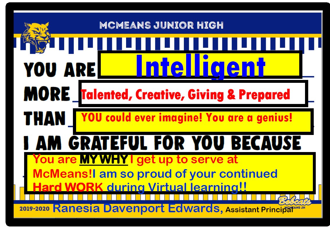 RANESIAEDWARDS's tweet photo. I can't wait for each and everyone of my 6th grade Scholars,
@mc_mcmeans, to receive an Affirmation Poster from me today. I want to celebrate their continued efforts to be great! We are Character Strong at McMeans Junior HIGH!
#deepkindess
# Words Matter
# Intentional
#katyisd https://t.co/mGAwSfz36m