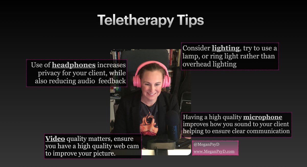MeganPsyD's tweet photo. To those providing #telehealth I have a few tips on how to ensure a good viewing and listening experience for your clients.  #mentalhealth #psychology https://t.co/aTA87NMHrZ