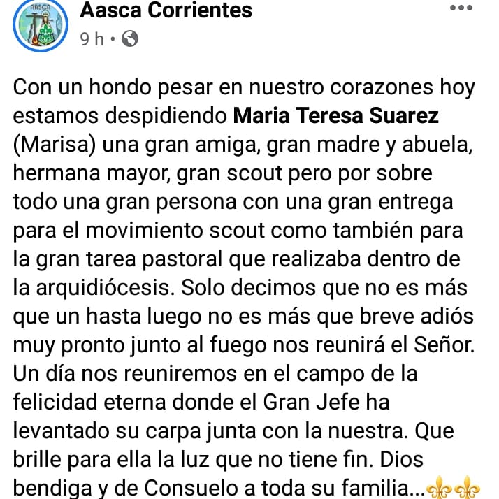 ArzobispadoCtes's tweet photo. Querida Marisa, gracias por tu entrega a esta Iglesia correntina, en la coordinación de la Comisión de Servicio y en tantas tareas, que hoy te despide con tristeza,  sabiendo que estás junto al Padre y en brazos de María.

Que descanses en paz y brille para vos la luz sin fin! https://t.co/sNrrrie0Gv