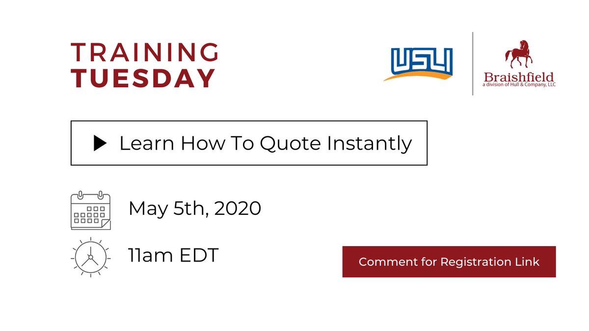 braishfield's tweet photo. Join us for a special webinar with @usli150 next week!

➡️ Learn How To Quote Instantly
📅 Tuesday, May 5th, 2020
🕚 11am EDT

Comment below for registration link or email solutions@braishfield.com
#TrainingTuesday #Braishfield #USLI https://t.co/bafZeuwxiD