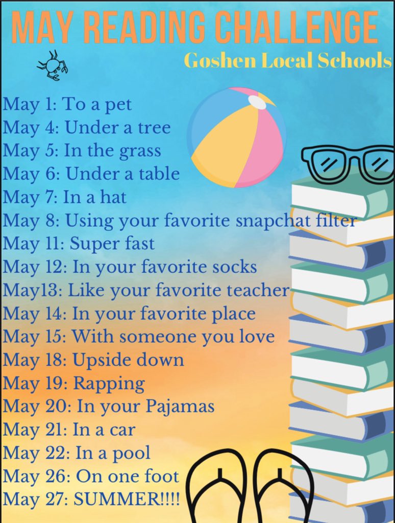 gmslibrary2's tweet photo. SUPER EXCITED about our upcoming “May Reading Challenge!” How will you be reading next month? Hope you all can join us! @MarrCook @Spaulding_SES @ghslibrary7 @GoshenWarriors @GoshenLocal https://t.co/0pEo91cS4H