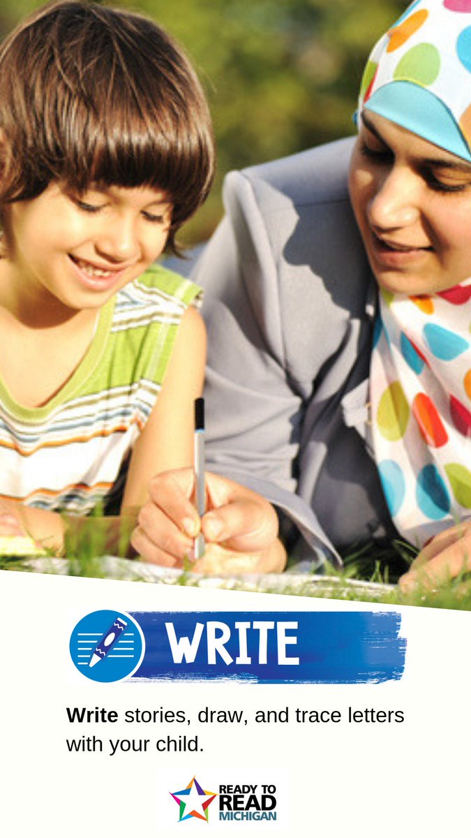 LibraryofMich's tweet photo. WRITE stories, draw, and trace letters with your child. Get out the chalk and draw away on a sunny day.
Talk, Read, Write, Sing, and Play with your child every day!
#ReadytoReadMi #EarlyLiteracy #MiLibraries https://t.co/yIAiEPYnCk