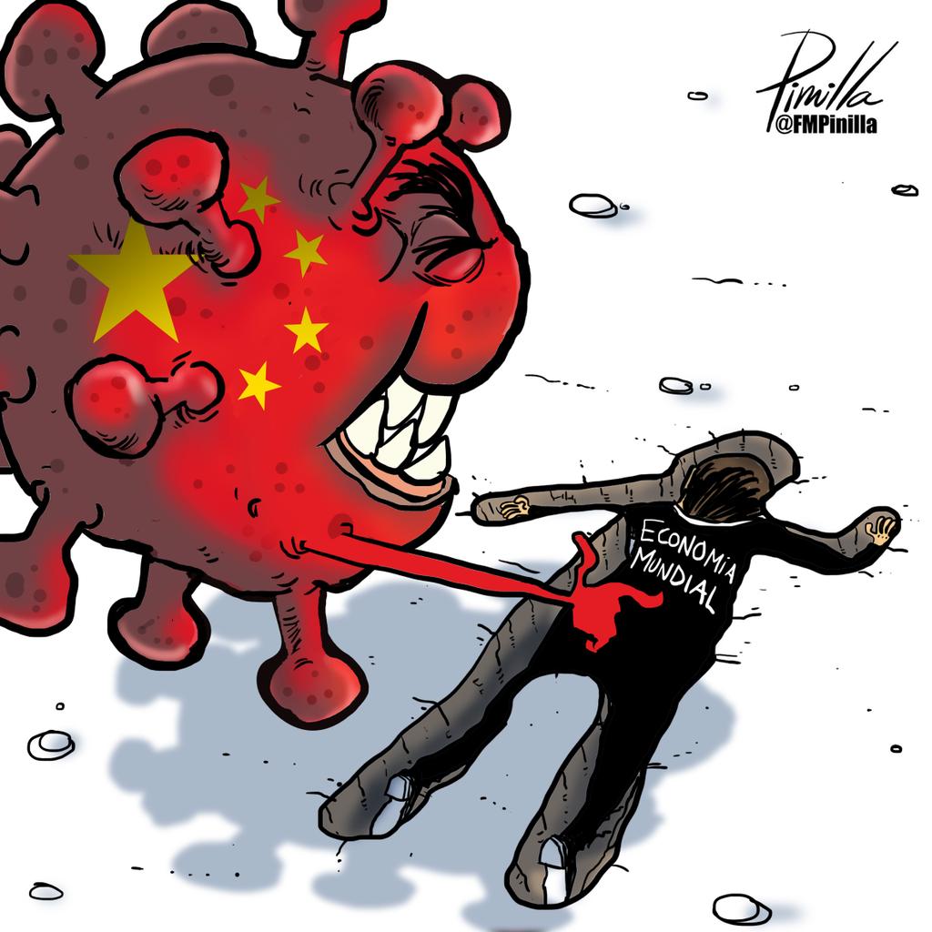 Economía mundial por los suelos, por causa del #CoronavirusChino 
¿Quién pagará los daños?
#caricatura de @FMPinilla