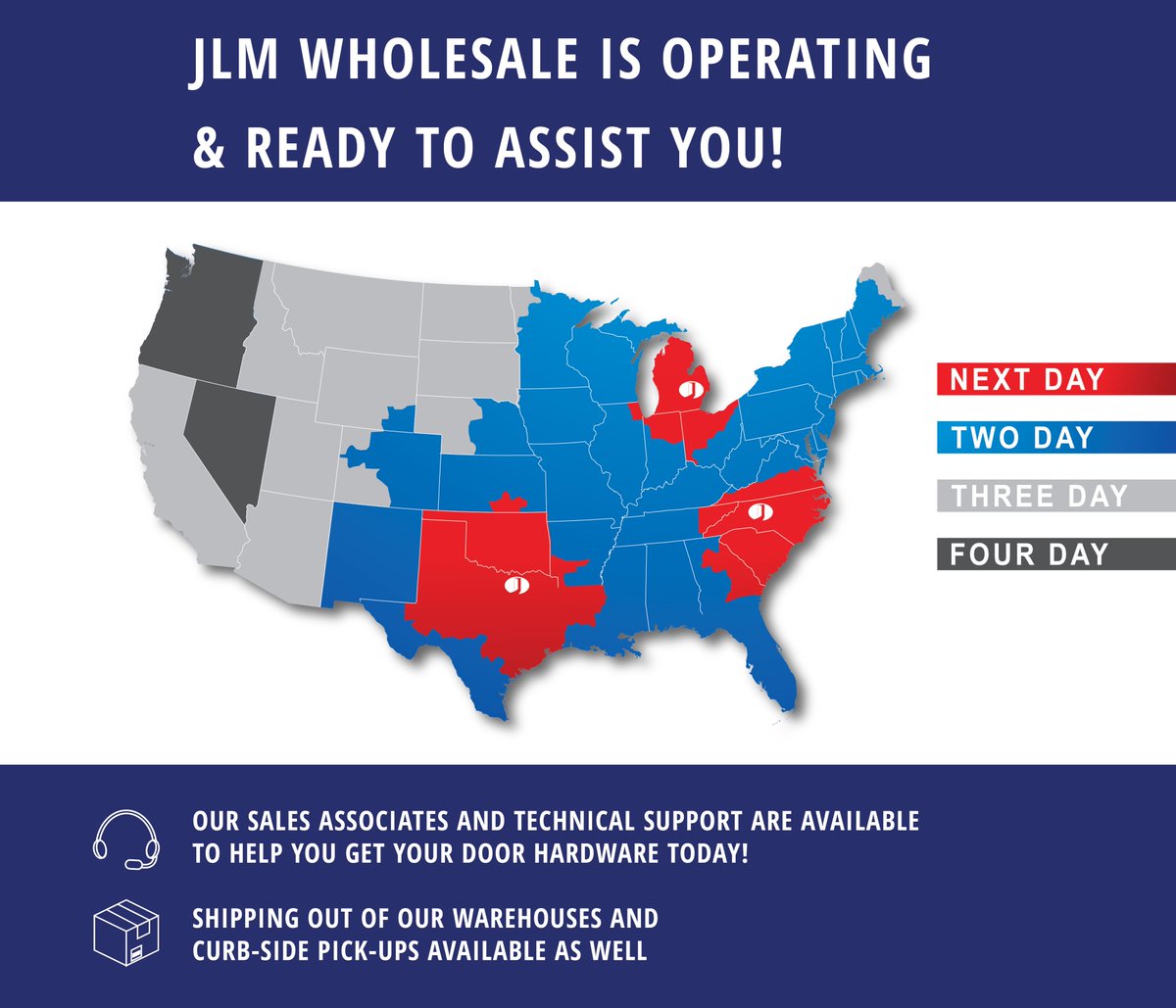 JLM_Wholesale's tweet photo. All of JLM's facilities are operating and fully functional! Customer pick-ups available at our designated pick-up areas on site. Call (800) 522-2940 or text (423) JLM-HELP today. 
#doorhardware #jlmwholesale #securitydoorhardware #securityindustry #glassindustry https://t.co/Nbg5eqGNzJ