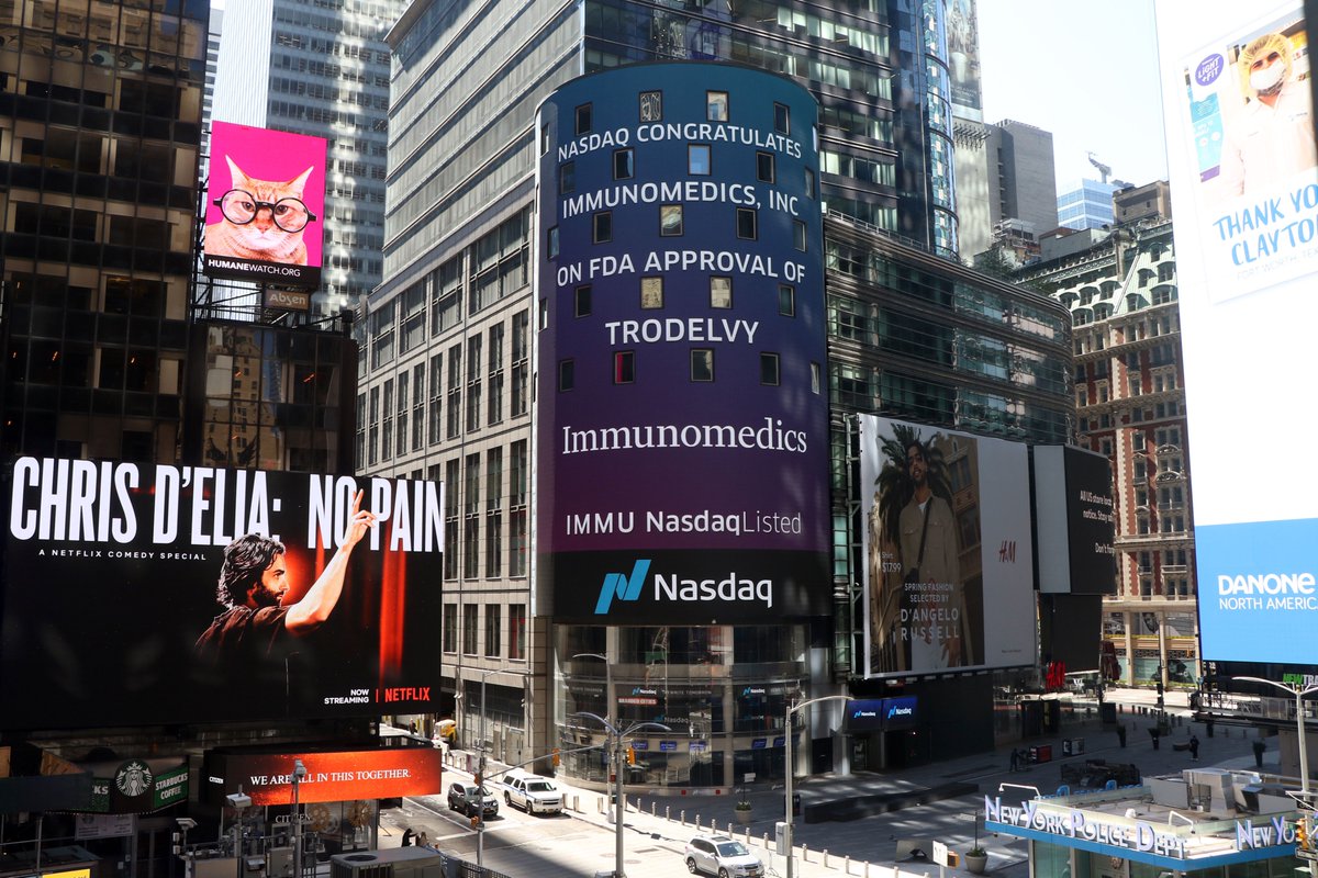 ImmunomedicsInc's tweet photo. #ICYMI because you were appropriately socially distancing, our recent #FDAapproval of #TRODELVY received a shoutout on the Nasdaq building in @TimesSquareNYC! We hope for more wins like this for patients everywhere in the future. Thank you, @Nasdaq! 

📸: Copyright Nasdaq 2020 https://t.co/nl4ZM8v7cd
