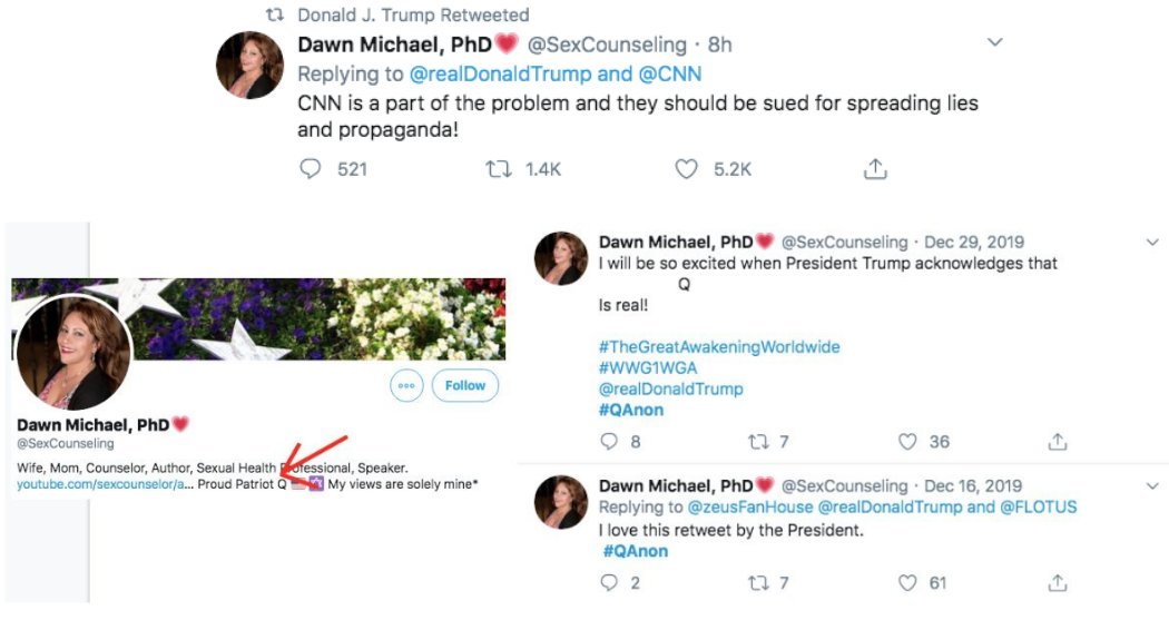 This morning, Trump amplified QAnon supporter Bill Mitchell 9 times through retweets and a quote tweet, along with retweeting this specific "SexCounseling" QAnon account for a 7th time.