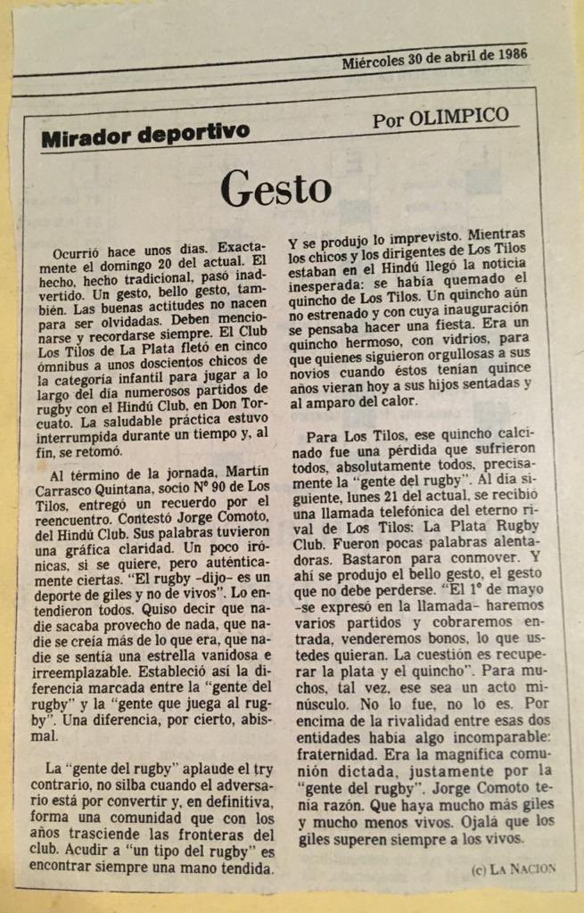 clublostilos's tweet photo. Un día como hoy hace 34 años @LANACION publicaba esta nota destacando un gran gesto de @laplatarugby, luego de que perdiéramos nuestro quincho en un incendio. Gestos que enseñan, se multiplican y confirman eso que dicen que los verdaderos amigos se conocen en la adversidad. https://t.co/O60FO1uCSf