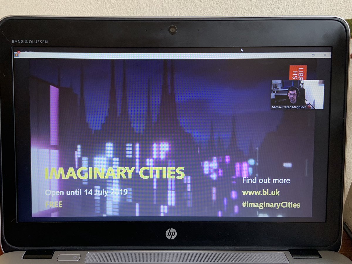 silviarambles's tweet photo. Loved hearing @mtakeomagruder talking to @J_M_Andrews about #ImaginaryCities and how @britishlibrary digital collections inspired his creative practice. Interesting insights on interaction between digital and physical collections, and between art, space and audience #LeedsDigi20 https://t.co/IHtp9SXxiz