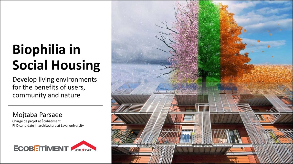 Accédez à l'enregistrement de la présentation de notre collègue Mojtaba Parsaee sur la biophilie dans le contexte du logement abordable avec ce lien. Il est à noter que cette présentation est en anglais.
questionnaire.simplesurvey.com/f/LanguageSele…