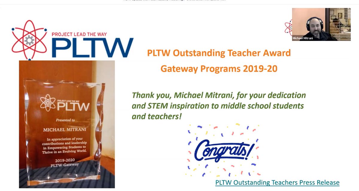 Mary_Murphy17's tweet photo. Congratulations @PLTWorg OUTSTANDING TEACHER Michael Mitrani @mmitrani78 at Mater Academy MiddleHigh @matergreenhot in Miami! It was a privilege to present your award virtually! Thank you for your incredible dedication to inspiring middle school students in STEM! @mitranimaria https://t.co/C81gWII5lu