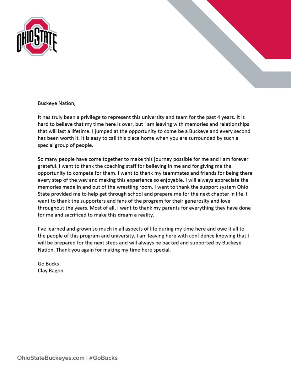 wrestlingbucks's tweet photo. 📝 A letter from Clay Ragon to Buckeye Nation

#GoBucks https://t.co/nFaEgphd97