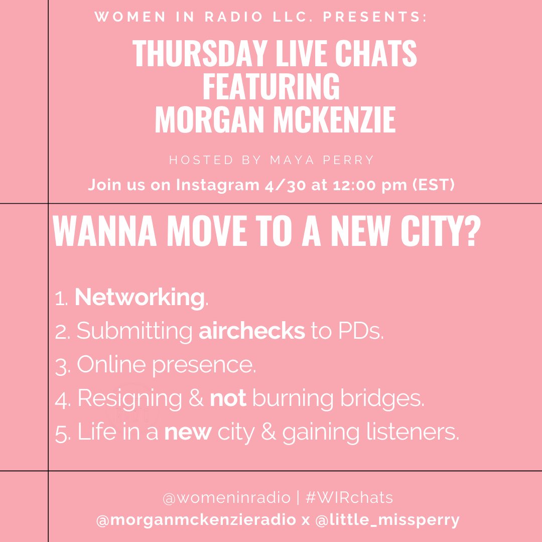 womeninradio_'s tweet photo. ➡️Today: Interested in moving to a new city and starting at a new station after all this is over? We get the inside scoop from @McKenzieRadio who recently made the transition!
Join us for another #WIRchat with @MissPerry92 at noon on our Instagram! ✨📻 Free & open to everyone! https://t.co/ketSvmrh0c