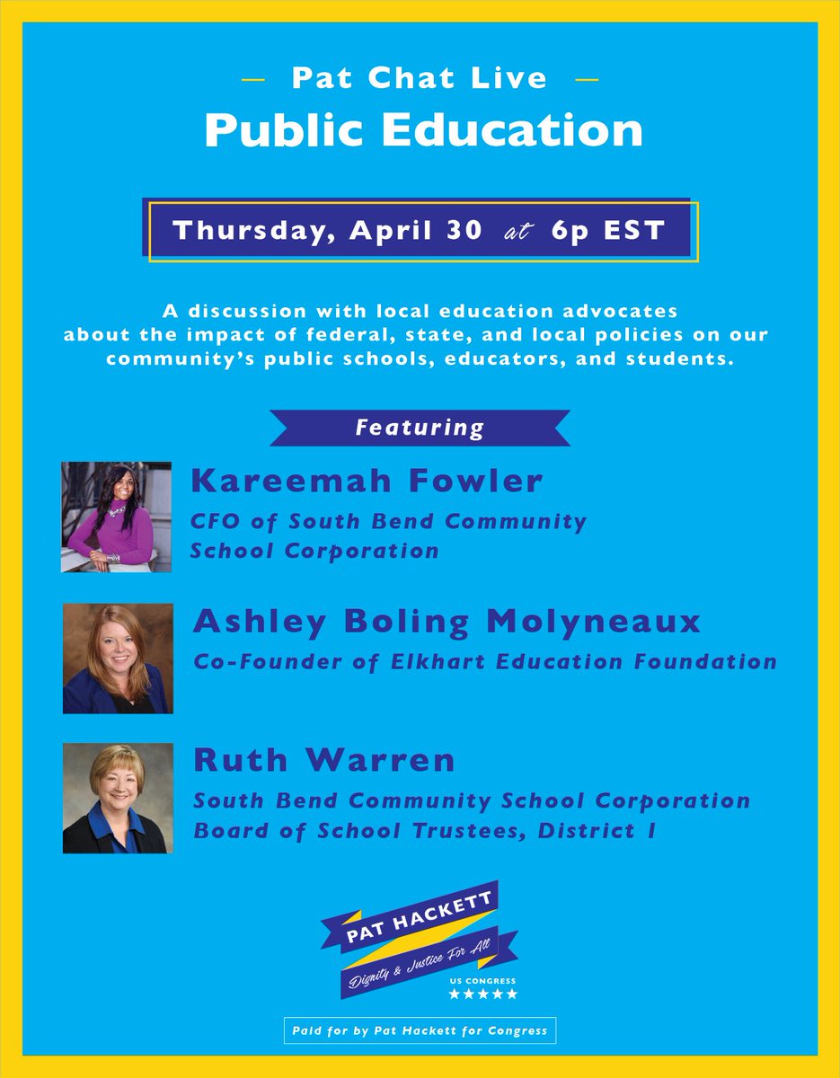 HackettCongress's tweet photo. Please join #TeamHackett for a #PatChat today w/ local education advocates at 6PM EST for an important conversation about the impact of federal, state, and local policies on our community's public schools, educators, and students. 📚 https://t.co/7nSNDxjeqH