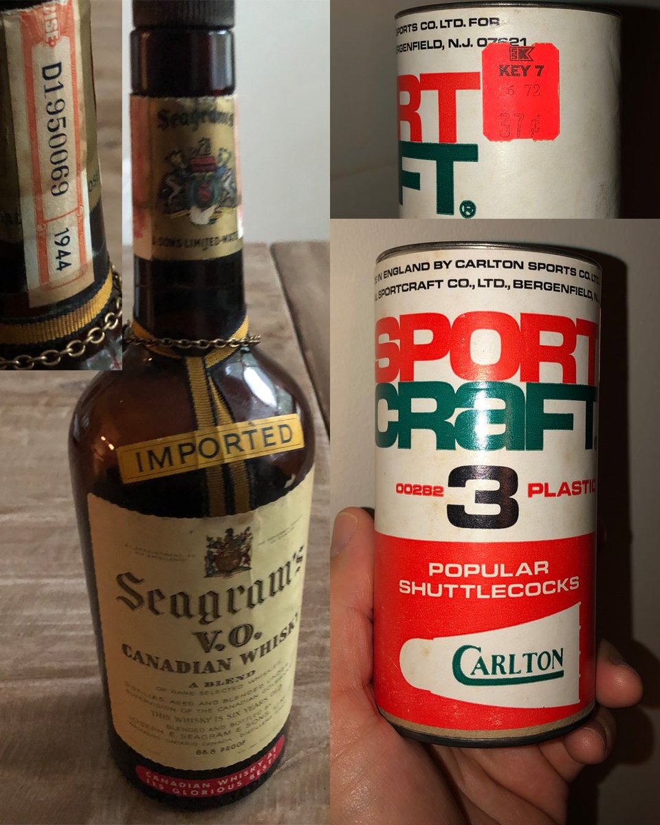 voicebyfishman's tweet photo. My desire to save randoms paid off during this shelter-in-place. 1944 whiskey from my grandparents house and a new set of badminton birdies bought at K-Mart in the 70s. Never thought Badminton in our driveway would be the most exciting sport for our spring 2020, but so grateful https://t.co/g4buU66CHw