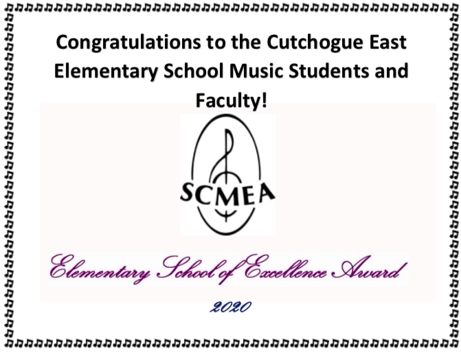 Congrats to the our music students &amp; faculty who received the SCMEA Elementary School of Excellence Award 2019-2020! Thank you to all the faculty, students, and community members for supporting our programs and helping us to achieve! Keep the Music going #CECouchConcerts