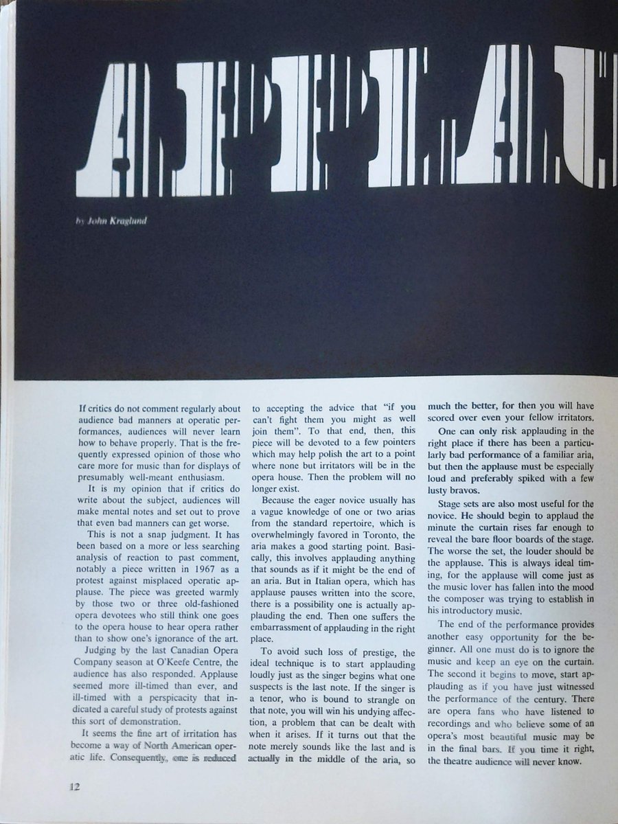 OperaCanada's tweet photo. Today's #retrocover features a lemony design by Frank Davies, Opera Canada's first art director, for Volume 10, no. 1, February 1969.
And inside, a frazzled #retroarticle by John Kraglund about applause where it just doesn't belong (!):
#tbt
#retrocovers
#applause
#opera https://t.co/bbijWQC258