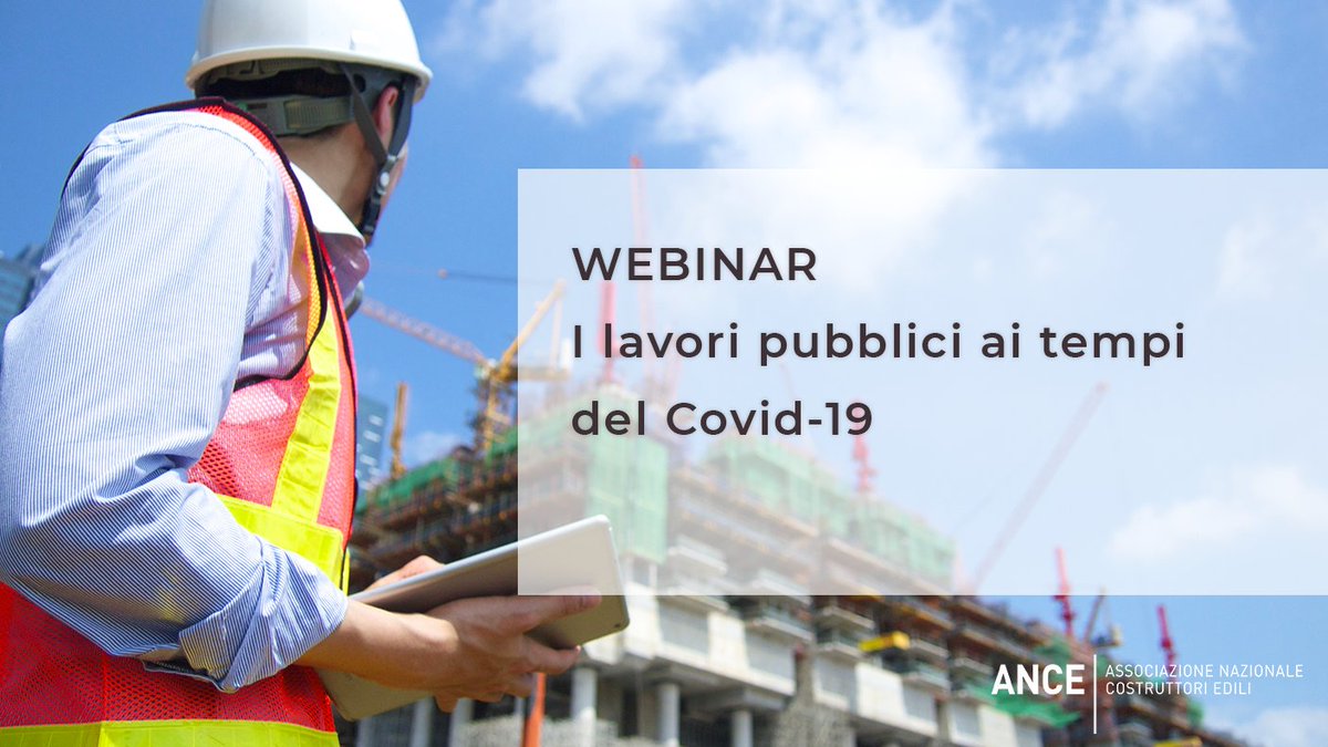 Si svolgerà venerdì 8 maggio, alle ore 10.00, il webinar dal titolo “I lavori pubblici ai tempi del Covid-19” per fare il punto sulle principali novità introdotte dalla normativa emergenziale sulle gare e sull’esecuzione dei lavori pubblici. ance.it/search/ultimen…