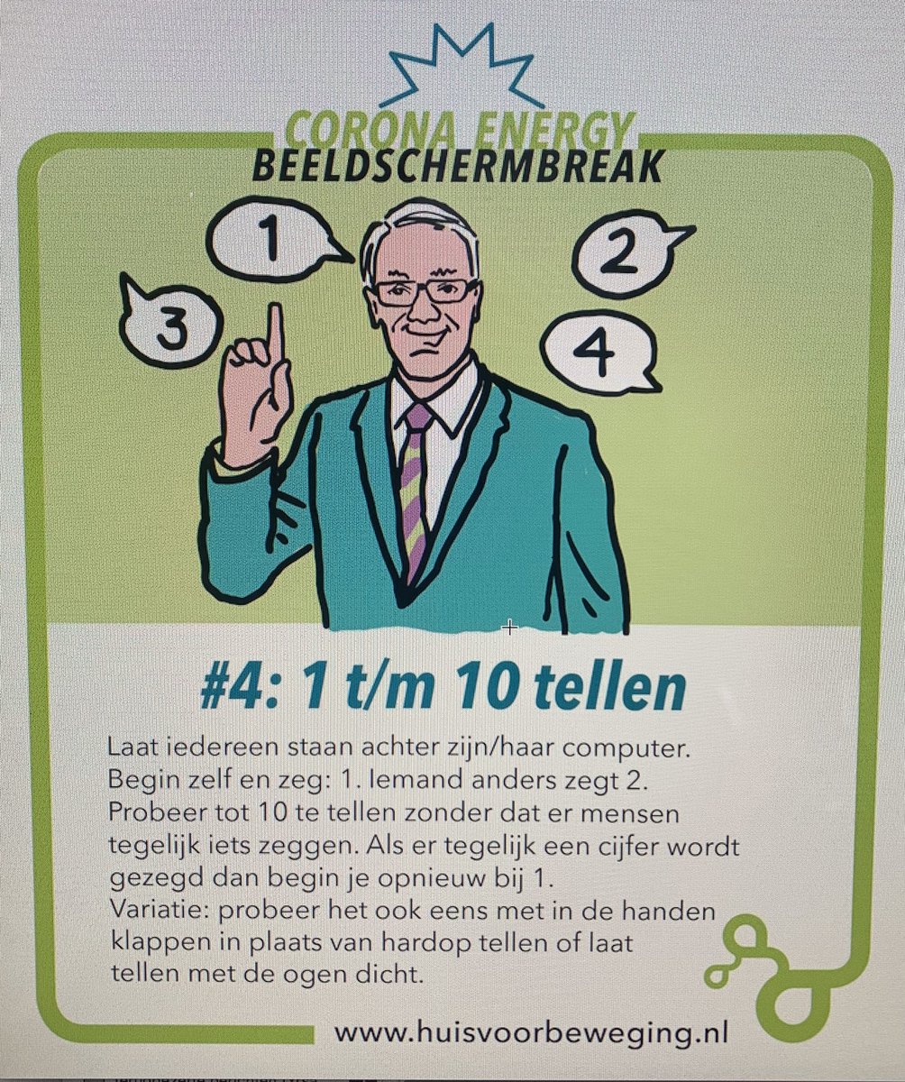 HuisvBeweging's tweet photo. Ook voor voorzitters, trainers &amp; managers. Draag je steentje bij aan vitaliteit door lef te tonen en tijdens je online vergadering of training tussendoor een beeldschermbreak te doen! #meerfocus #meerenergie kijk voor meer ideeën op https://t.co/1F2H3aLxpe https://t.co/NI99P9ylYQ