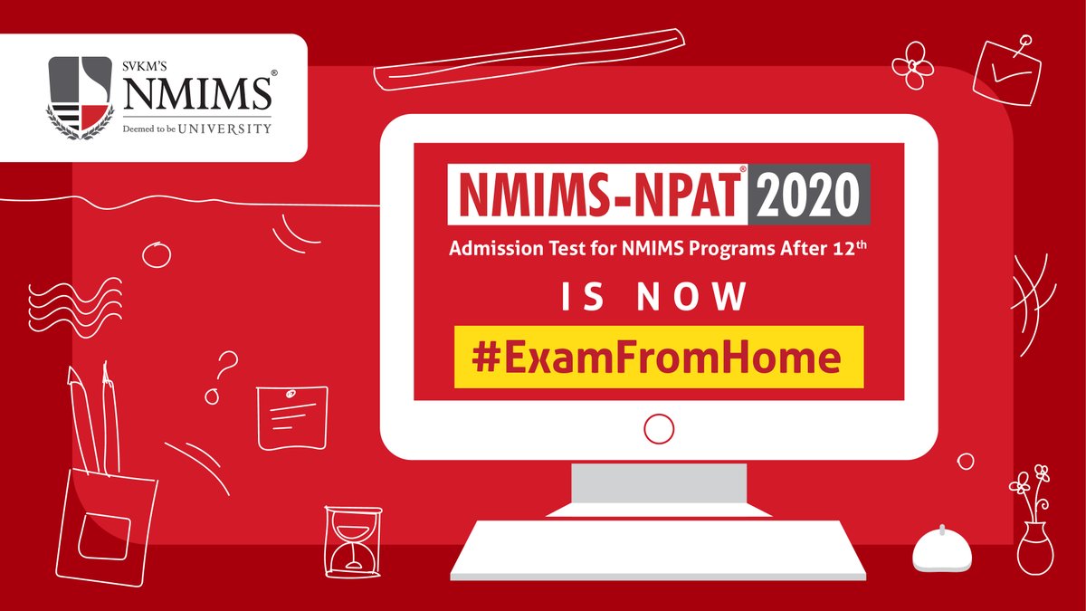 nmims_india's tweet photo. Learning never stops at NMIMS. NPAT is now online, from the safety of your home. Get ready for #ExamFromHome with Home Proctoring. Last date of application: 10th May. Apply today on https://t.co/DXPg3BJWq0.
#NMIMS #NPAT2020 #MPSTME #SOD #ASMSOC #SAMSOE #JDSOLA #SPPSPTM #SOBA https://t.co/CtDCIZQ4hX