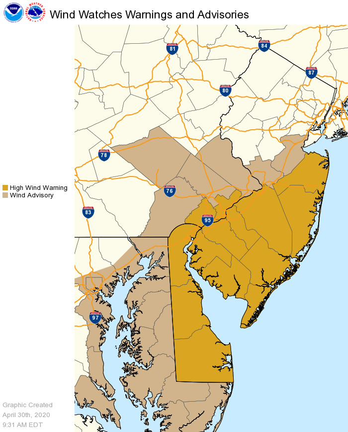 Based on the latest information we have expanded the High Wind Warning to additional areas of NJ, all of DE, and far southeast PA including Philadelphia. Gusts up to 60 mph are possible especially late morning through late afternoon. Power outages are possible. #NJwx #PAwx #DEwx