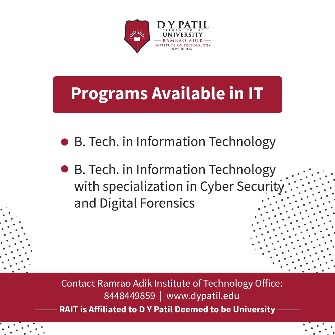 DYPatilRAIT's tweet photo. A B. Tech. degree in IT from RAIT will not just prepare you academically but also apprise you of the industry requirements and give a broader view.
Join us and acquire competence to practice engineering professionally and ethically to be at par with the recent global trends. https://t.co/Eh7D7hf6xw