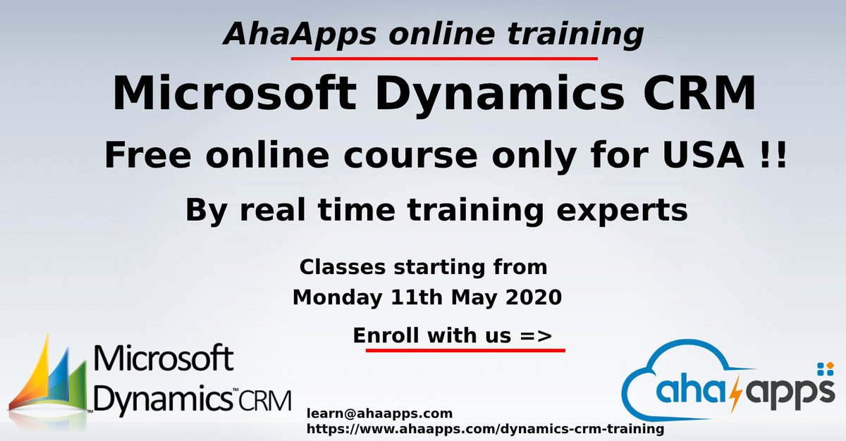 AhaApps's tweet image. Our free of cost Microsoft Dynamics CRM online training batches are starting from May 11th for the USA participants only. 
Enroll with us soon:lnkd.in/gTF-5sV
#dynamicscrmtraining #dynamicscrm #learning #training #onlinetraining #ahaapps #crmtraining