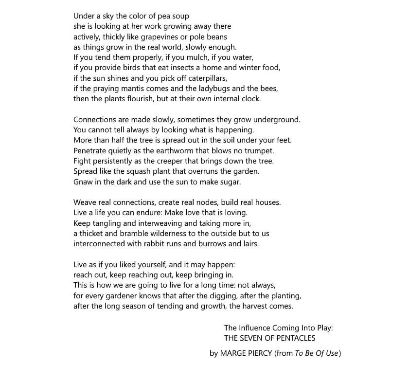 #nationalpoetrymonth
poem for April 30th
"The Seven of Pentacles" by Marge Piercy